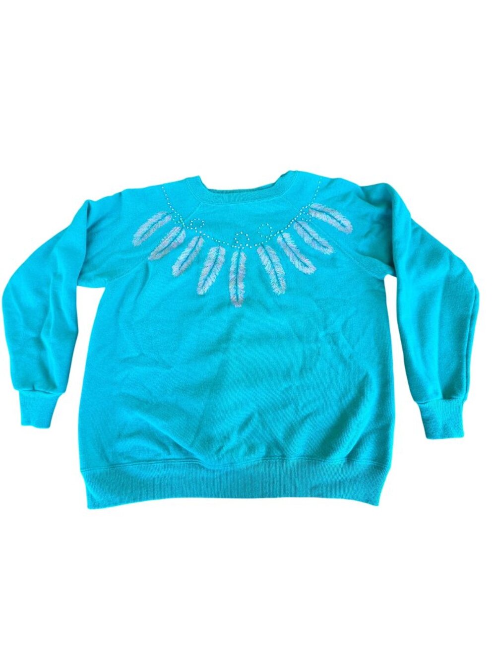 Vintage 90s Hanes Her Way Teal Puff Paint Feather Western Sweatshirt Med
